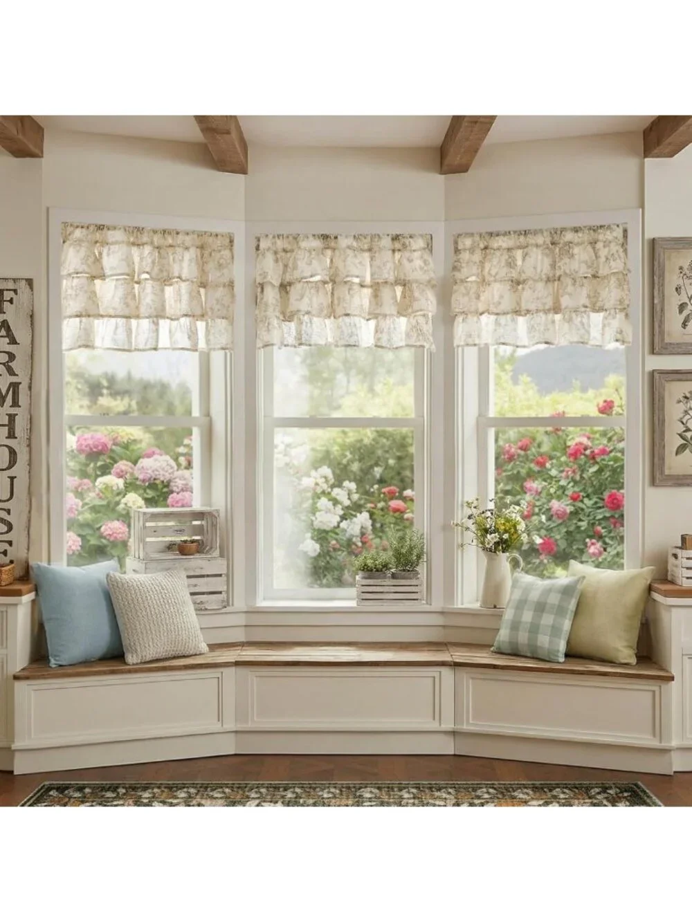 Ruffled Floral Valance Curtain - Shabby Chic Linen Window Treatment, 18
